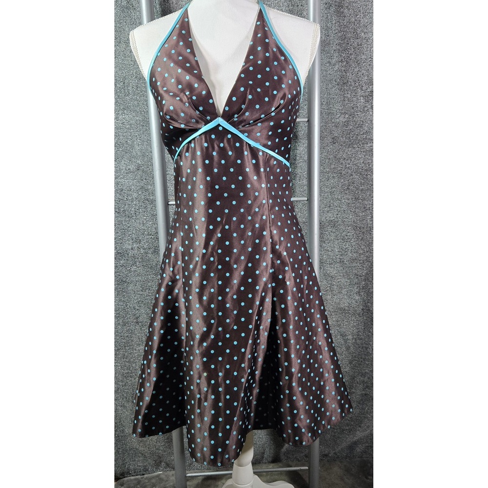 Jessica McClintock Brown Turquoise Polka Dot Satin Halter Dress Size 9/10